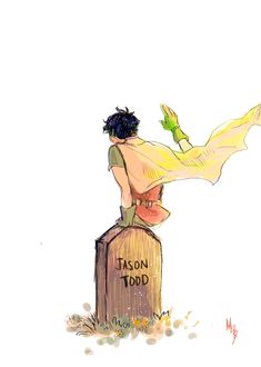 a drawing of a man sitting on top of a wooden box with the words tason todd written on it