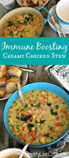 several bowls of soup and bread on a table with the words,'mmmme bosting creamy chicken stew '