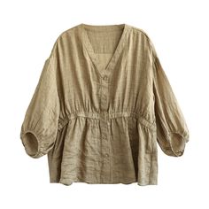 Details: Gender: Women Item Type: Blouse Material: Linen Pattern Type: Solid Season: Spring, Autumn Style: Leisure, Daily, Retro Occasion: Going Out, Daily Size: One Size Length: 70.00 - 93.00 cm/ 27.56 - 36.61 " Bust: 154.00 cm/ 60.63 " Sleeve: 61.00 cm/ 24.02 " Cuff: 32.00 cm/ 12.60 " Khaki V-neck Top For Summer, Khaki V-neck Top For Spring, Spring V-neck Khaki Blouse, Spring Khaki V-neck Blouse, Khaki Cotton V-neck Top, Beige V-neck Blouse With Relaxed Fit, Summer Khaki Blouse With Relaxed Fit, Summer Khaki V-neck Blouse, Summer Khaki Blouse Relaxed Fit