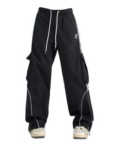 Sporty Cargo Pants With Drawstring, Sporty Straight Leg Parachute Pants, Sporty Straight Leg Parachute Pants With Hip Pockets, Sporty Parachute Trousers With Hip Pockets, Sporty Straight Parachute Pants With Side Pockets, Sporty Cotton Straight Cargo Pants, Sporty White Straight Leg Cargo Pants, Sporty Cotton Cargo Pants With Drawstring, Sporty Cotton Cargo Pants With Functional Drawstring