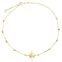 This real genuine 14K Yellow Gold fancy statement Italian handmade Star themed charm Anklet is presented in lustrous gold, finished with a professional high-polish for extra shine and luster. This Rolo link chain is 1mm wide and the charm is 12mm. Anklet is 9" long with 1" extension. This weigh of this charm anklet is 1.5 gr. The anklet has a secure Spring Ring so it is easy to put on and take off. **Comes with Presentation Box and Polishing Cloth** Size: one size.  Gender: female.  Age Group: a Charm Anklet, Metal Style, Star Charms, Spring Rings, Link Chain, Chain Link, Types Of Metal, Anklets, Gender Female