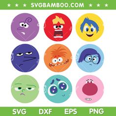 cartoon faces with different expressions on them in various colors and sizes, including blue, green,