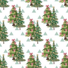 seamless christmas tree pattern with pink bows on green and blue triangles in the background