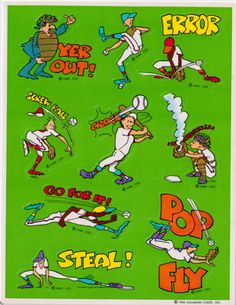 an old school baseball sticker sheet with various cartoon characters and words on green background