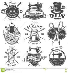 vintage sewing labels and emblems for tailor shop or other business design elements in black and white