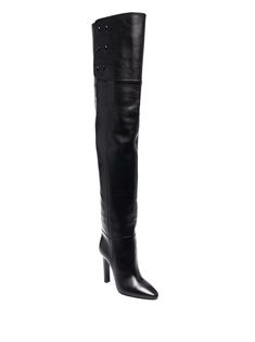 Saint Laurent Jane over-the-knee almond-toe boots Saint Laurent's over-the-knee Jane boots are crafted from metal-free tanned leather in a timelessly stylish all-black hue. With a snap-fastening opening, these boots can be worn folded down for a more relaxed look. Luxury Over-the-knee Heeled Boots, Elegant Over The Knee Leather Platform Boots, Elegant Over-the-knee Leather Platform Boots, Luxury Calf Leather Knee-high Boots, Leather Over-the-knee Heeled Boots For Work, Luxury Leather Over-the-knee Boots, Sleek Leather Over-the-knee Heeled Boots, Black Calf Leather Heeled Boots With High Shaft, Black Heeled Boots With High Shaft In Calf Leather