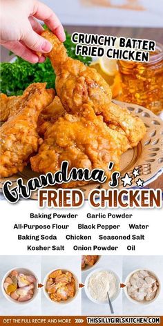 the flyer for grandma's fried chicken is shown with pictures of different foods and ingredients