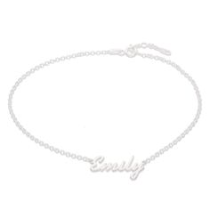 Dainty and sophisticated, this personalized anklet pairs well with your casual or dressy looks. Fashioned in sterling silver, this style showcases the name of your choice - from two to eight characters in length - sculpted in a cursive script font. Polished to a bright shine, this 10.0-inch rolo chain anklet, with additional closure rings at 9.0 and 9.5 inches, secures with a spring-ring clasp. Name Anklet, Anklet Set, Cursive Script, Alternative Metal, Personalized Bracelets, Chain Anklet, Jewelry Repair, Rolo Chain, Script Font