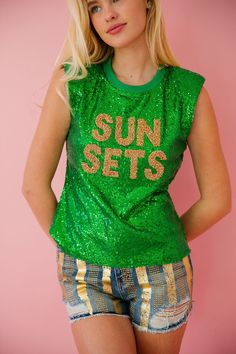 SUNSETS GREEN SEQUIN TOP TOP Judith March Gold Confetti, Green Sequins, Gold Stripes, Shine On, Sequin Top, Fashion Sense, Distressed Denim, Unique Fashion, Pink And Gold