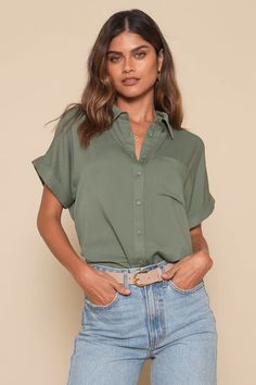 Keep it cute and classic in the Lulus Blythe Olive Green Short Sleeve Button-Up Top! Soft, lightweight woven fabric creates a collared neckline and cuffed, short sleeves. Relaxed bodice features a full button placket and front patch pocket. Notched, rounded hem. Pair with denim and a blazer for a casual-chic workday look! Fit: This garment fits true to size. Length: Above mid-thigh. Size medium measures 27.75" from shoulder to hem. Bust: Great for any cup size. Waist: Not Fitted - comfortable ro Summer Collared Short Sleeve Shirt With Buttons, Summer Short Sleeve Shirt With Collar, Summer Short Sleeve Shirt With Collar And Buttons, Summer Solid Color Short Sleeve Button-up Shirt, Trendy Summer Blouse With Placket, Chic Everyday Shirt With Collared Neckline, Summer Collar Blouse With Pockets, Chic Summer Tops With Placket, Spring Short Sleeve Button-up Shirt