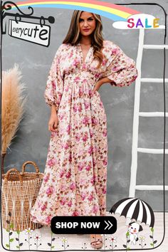 Deep V Neck Ruched High Waist Floral Maxi Dress Casual V-neck Maxi Dress With Gathered Sleeves, Bohemian Ruched Maxi Dress For Garden Party, Long Sleeve Ruched Maxi Dress For Summer, Casual Billowy Floral Print Maxi Dress, Casual Billowy Maxi Dress With Floral Print, Billowy Ruched Maxi Dress For Spring, Spring Billowy Ruched Maxi Dress, Bohemian Ruched Maxi Dress For Day Out, Long Sleeve Ruched Midi Dress For The Beach