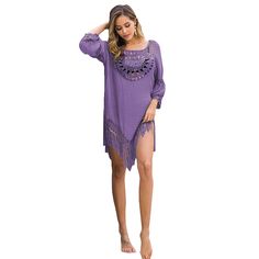 Purple Hollow Out Tassel Hem Beach Cover Casual Beach Cover-up With Tassels, Spring Beachwear Cover-up With Fringe, Purple Cover-up For Beach Season Vacation, Purple Cover-up For Vacation Beach Season, Purple Beach Season Cover-up For Vacation, Purple Vacation Cover-up For Beach Season, Purple Beach Season Vacation Cover-up, Spring Hippie Cover-up With Tassels, Casual Beach Cover-up With Tassel Ties