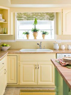 a kitchen filled with lots of counter top space next to a sink and window covered in potted plants