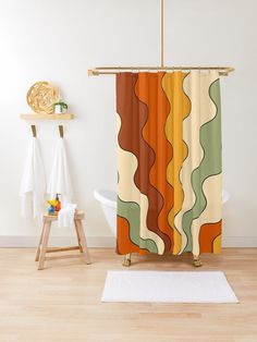 a shower curtain with an abstract design on it