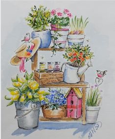 a watercolor painting of pots and flowers on a shelf with birdhouse in the background