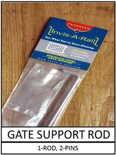 an unopened package for the gate support rod on a wooden table with text overlay