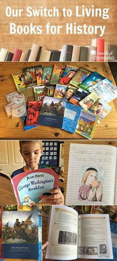 an open book sitting on top of a wooden table next to other books and pictures