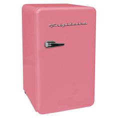 a pink refrigerator freezer sitting on top of a white floor