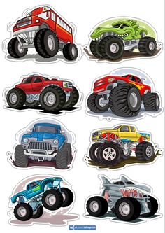 four different types of monster trucks are shown in this image, one is red and the other is blue