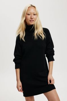 ULTRA LUXE ROLL NECK KNIT MINI DRESS Black Knit Sweater Dress For Layering, Black Fitted Sweater Dress For Layering, Fitted Black Sweater Dress For Layering, Black Knit Mini Dress For Fall, Fall Black Knit Mini Dress, Flared Leggings, Long Sleeve And Shorts, Blouse Jeans, Viscose Rayon