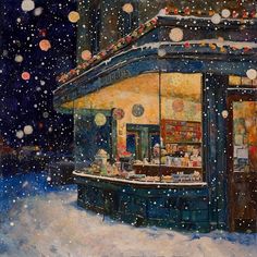 a painting of a store front in the snow with lights hanging from it's roof