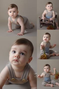 a baby is sitting on the floor and posing for pictures