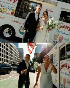 two pictures of a bride and groom in front of a food truck