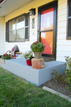 two potted plants are sitting on the front step of a house with red doors