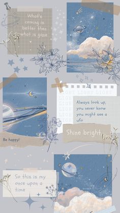 a collage of images with words and pictures on them, including stars, clouds, and the moon