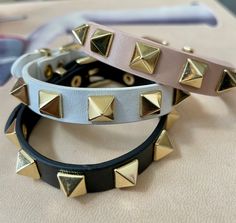 The perfect stacking piece. Adjustable leather band fits wrists 7-9 inches. Gold plated pyramid rivet stud Band Fits, Tassel Bracelet, Cuban Chain, Custom Branding, Leather Band, Pyramid, Sale Items, Bangle Bracelets, Gold Plate