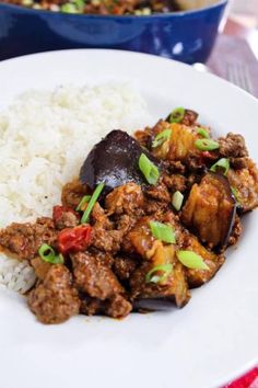 a white plate topped with meat and rice