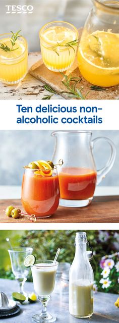 three different types of alcoholic drinks on a table with lemons and orange juice in glasses