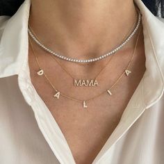 This beautiful necklace features the name/word of your choice in diamonds! Price is based per letter (number of characters). Regular spacing: letters will be 1/2" apart. Spaced out: letters will be 1" apart. (like CHLOE example shown) Example shown in the image is 5 characters total. We will not process your order unless the correct amount of characters has been selected. Available in 14K Yellow Gold, 14K White Gold, or 14K Rose Gold Letter Measurement: Approx. 1/4" (varies slightly per letter) Tennis Necklace Layered, Necklace Name Design, Diamond Chain Necklace, Jewelry Photos, Diamond Tennis Necklace, White Gold Chain, Fake Jewelry, Necklace Layered, Jewelry Lockets