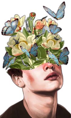 a woman with butterflies on her head and flowers in the middle of her face,