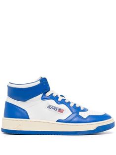 Medalist high-top sneakers from Autry featuring white, blue, leather, logo patch to the side, round toe, front lace-up fastening, padded ankle, panelled design and flat rubber sole. Hi Top, Sneakers Blue, Leather Logo, Hummel Sneaker, Teen Fashion Outfits, Panel Design, Blue Leather, Teen Fashion, High Top