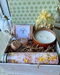 This pumpkin spice spa gift box is the perfect gift for everyone who adores pumpkin spice! This lovely bestseller box comes with a bar of pumpkin spice soap,  2 little pumpkin shaped guest soaps, a harvest candle in a rose gold tin, a pumpkin spice sachet in a gold organza bag and either wooden matches in a cute little glass jar with cork OR a large tube of bath salts.  Strike a match, light the candle, draw a bath, pour in the bath salts, unwrap the pumpkin spice soap and get ready to relax and Spa Pumpkin, Autumn Self Care, Spice Gift Box, Pumpkin Spice Gift, Pumpkin Spice Soap, Wrapping Inspiration, Gold Organza, Spice Gift, Relaxing Night