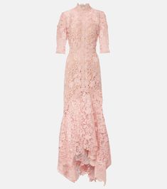 Floral lace gown in pink - Costarellos | Mytheresa Feminine Fitted Lace Gown, Spring Lace Gown With Scalloped Lace, Spring Lace Gown With Scalloped Details, Pink Lace Formal Dress, Spring Formal Lace Gown, Pink Maxi Lace Wedding Dress, Pink Maxi Length Lace Wedding Dress, Pink Lace Maxi Dress For Wedding, Feminine Pink Lace Gown