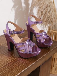 Spring into the future with our 2024 trendy waterproof platform women's sandals. Our catwalk ready design not only elevates your style, but also keeps your feet dry and comfortable. Upgrade your summer wardrobe with these must-have sandals. Color : Purple Style : Glamorous, Fashionable Toe : Open Toe Pattern Type : Colorblock, Plain Strap Type : Ankle Strap Heels : Chunky Heel Height : High Heel Upper Material : PU Leather Lining Material : PU Leather Insole Material : PU Leather Outsole Materia Modern Eva Sandals, Purple Platform Heels For Summer, Trendy Purple Platform Sandals, Trendy Purple Sandals With Heel Strap, Heels Chunky Heel, Heels Chunky, Purple Style, Into The Future, Purple Fashion