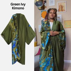 Green Oversized Kimono For Spring, Oversized Green Kimono For Summer, Oversized Green Summer Kimono, Oversized Green Kimono For Spring, Flowy Green Spring Kimono, Oversized Green Spring Kimono, Green Kimono With Kimono Sleeves For Vacation, Green Long Kimono For Vacation, Oversized Green Casual Kimono