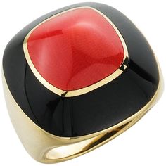 Make a bold statement with this fabulous 18k yellow gold ring made for Campanelli & Pear by Molina. Retro in style, this pyramidal ring features a fine Mediterranean coral center stone 1.81 carat surrounded by a band of black onyx. 18KYG Hallmarked Italy Size 6; ring can be sized. Dome Rings, Gold Dome Ring, Red Coral Jewellery, Rings Red, Estate Rings, Coral Ring, Hot Jewelry, Dome Ring, Coral Jewelry