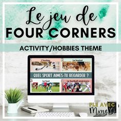 a desktop computer sitting on top of a desk next to a cup and plant with the words le jeu de four corners activity / hobies theme