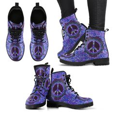 "Title: Purple Peace Mandala Boots Handcrafted Womens Gifts Her Vegan Shoes Leather, Combat Faux Classic Lace Up Girl Ankle Girl Description: Women's Boots designed to express your personality! With a stunning Peace Mandala Design, these custom made boots are ready for the camera. They are custom made and carefully crafted to express your uniqueness and make you stand from the crowd! Material that we use is faux leather, so they are entirely vegan-friendly, and the Purple Peace Mandala Handcraft Peace Mandala, Boho Chic Boots, Combat Shoes, Floral Combat Boots, Hippie Boots, Combat Boots Style, Unique Boots, Vegan Leather Boots, Boho Boots