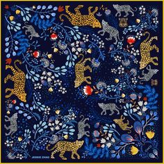 Silk Scarf In Blue With Leopard & Flowers | Jessie Zhao New York | Wolf & Badger Leopard Flower, Peaceful Night, Smithsonian Museum, The Amazon Rainforest, Silk Bandana, Bandana Styles, Tropical Forest, Instagram Wallpaper, Amazon Rainforest