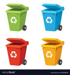 four different colored trash cans with wheels on each side and one has a recycler in the middle