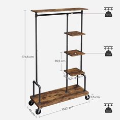 an image of a shelf with wheels and shelves on the bottom, measurements for each shelf