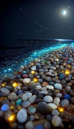 the beach is lined with rocks and pebbles at night, as well as stars in the sky