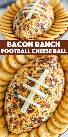 bacon ranch football cheese ball on a platter with crackers