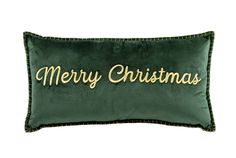 a green velvet pillow with merry christmas embroidered on the front and gold lettering across it