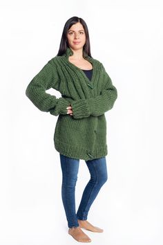 New Hand Knit Wool Cardigan with buttons, Women Thick Coat for Winter, Pure Wool Sweater, Oversized Clothing for Women 100 % handmade  100 % luxury 100% wool  This amazing Women cardigan is made by Luxury yarn with 100% wool, warm and soft.  The model is fashion, chic and suited for casual days. It will feel you comfort, warm and cosy with every moving of your body.  If you want to feel special, unique, comfortable, warm and cosy - you are at the right place!  It's fit elegant, stylish and you w Oversized Green Cardigan With Button Closure, Oversized Winter Cardigan With Buttons, Cozy Green Sweater With Buttons, Cozy Oversized Button Cardigan, Oversized Cozy Cardigan With Buttons, Cozy Oversized Cardigan With Buttons, Cozy Oversized Buttoned Cardigan, Oversized Knit Cardigan With Buttons, Oversized Cozy Sweater With Buttons