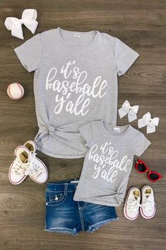 Mom & Me - "It's Baseball Y'all" Gray T-Shirts Toddler Girl Western Shirts, Western Tshirts Toddler, Word Shirts, Toddler Girl Outfit, Toddler Girl Outfits, Gray Tshirt, New Kids